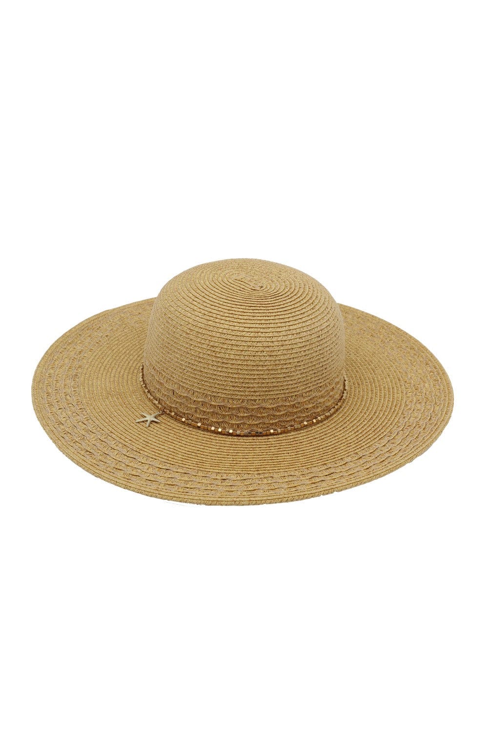 MH0286 Wide Brim Straw Hat With Starfish Sequin Charm Band - MiMi Wholesale