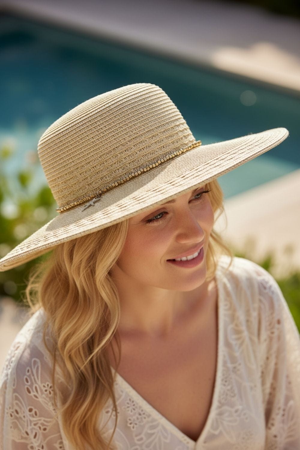 MH0286 Wide Brim Straw Hat With Starfish Sequin Charm Band - MiMi Wholesale