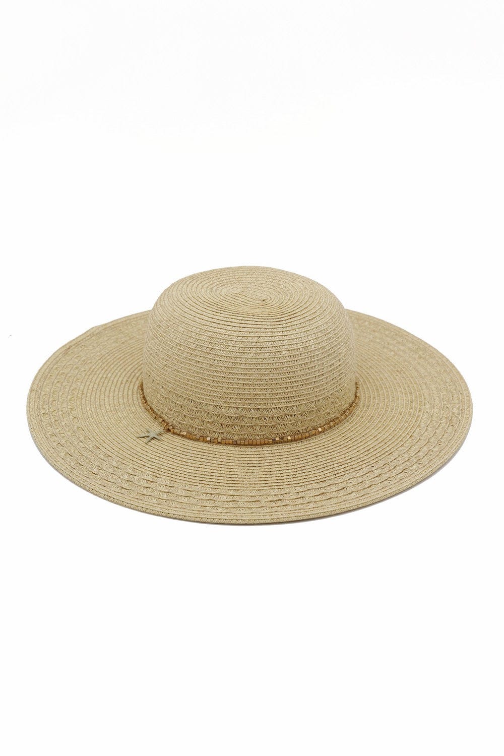 MH0286 Wide Brim Straw Hat With Starfish Sequin Charm Band - MiMi Wholesale