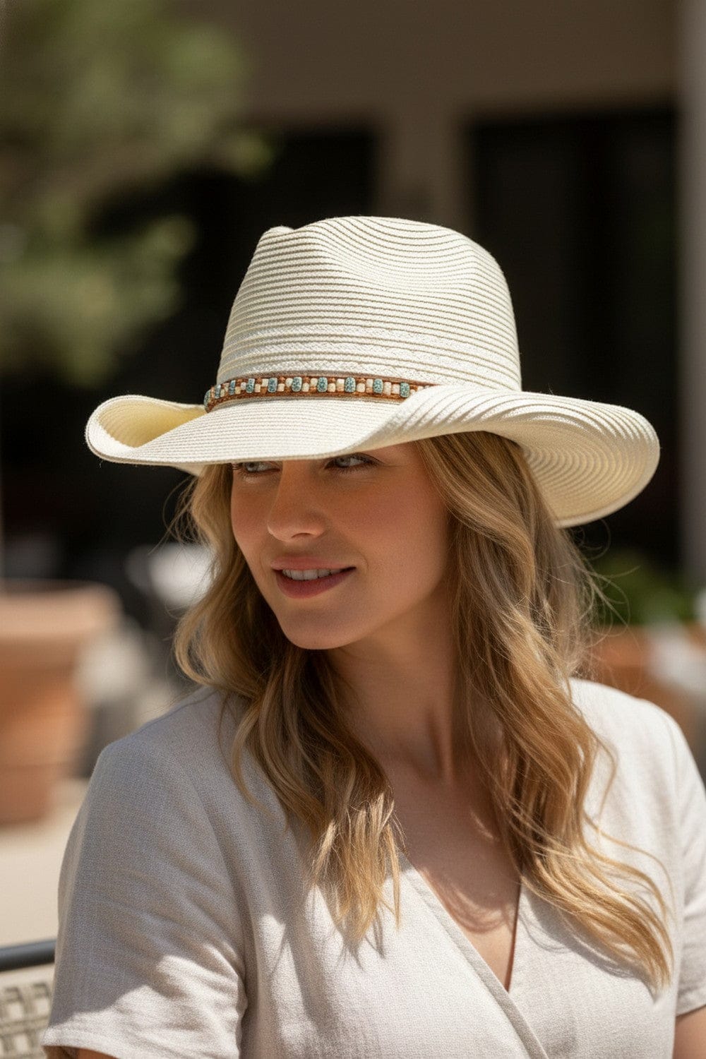 MH0288 Straw Cowboy Hat With Multicolor Beaded Band - MiMi Wholesale
