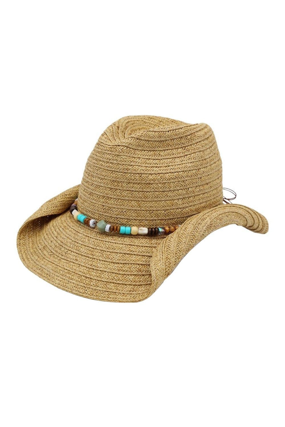 MH0289 Straw Cowboy Hat With Stone and Wood Bead Band - MiMi Wholesale