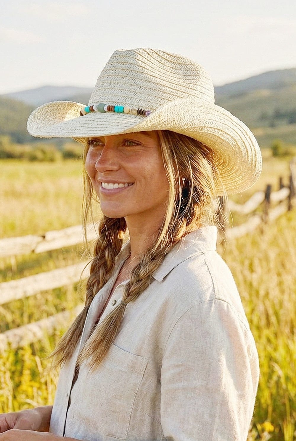 MH0289 Straw Cowboy Hat With Stone and Wood Bead Band - MiMi Wholesale