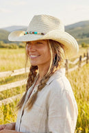 MH0289 Straw Cowboy Hat With Stone and Wood Bead Band - MiMi Wholesale