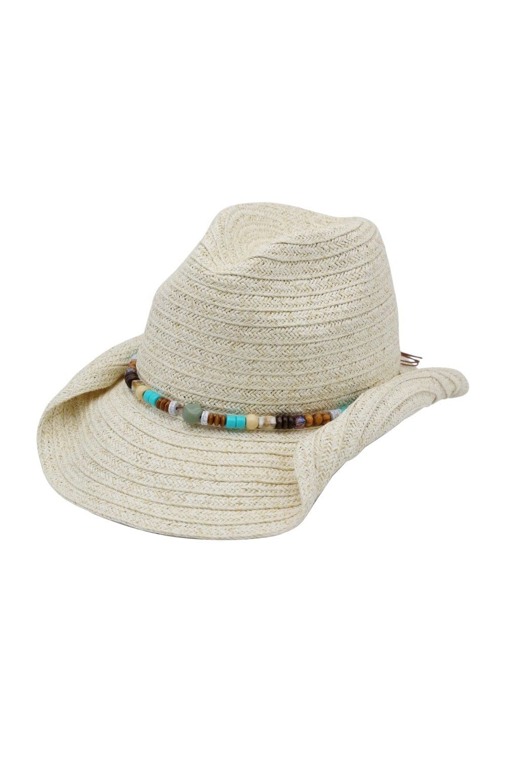 MH0289 Straw Cowboy Hat With Stone and Wood Bead Band - MiMi Wholesale