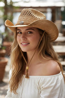 MH0291 Antique Detail Western Straw Cowboy Hat - MiMi Wholesale