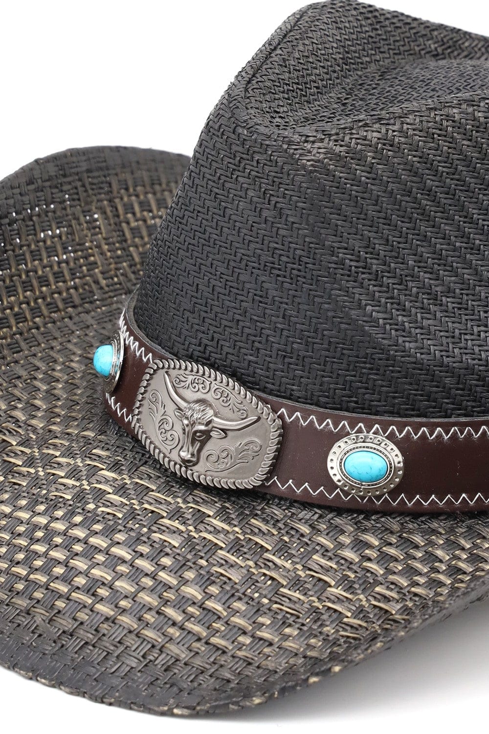 MH0351 Western Straw Cowboy Hat With Turquoise Concho Band - MiMi Wholesale