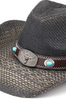 MH0351 Western Straw Cowboy Hat With Turquoise Concho Band - MiMi Wholesale
