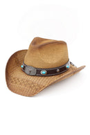 MH0351 Western Straw Cowboy Hat With Turquoise Concho Band - MiMi Wholesale