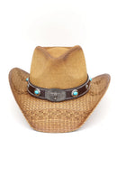 MH0351 Western Straw Cowboy Hat With Turquoise Concho Band - MiMi Wholesale