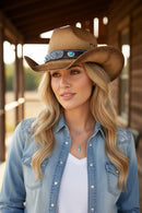 MH0351 Western Straw Cowboy Hat With Turquoise Concho Band - MiMi Wholesale