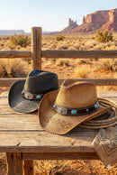 MH0351 Western Straw Cowboy Hat With Turquoise Concho Band - MiMi Wholesale