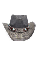 MH0351 Western Straw Cowboy Hat With Turquoise Concho Band - MiMi Wholesale