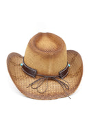 MH0351 Western Straw Cowboy Hat With Turquoise Concho Band - MiMi Wholesale