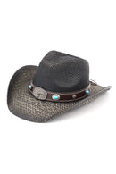 MH0351 Western Straw Cowboy Hat With Turquoise Concho Band - MiMi Wholesale