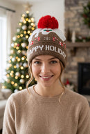MH0371 Happy Holiday Christmas Pompom Beanie - MiMi Wholesale