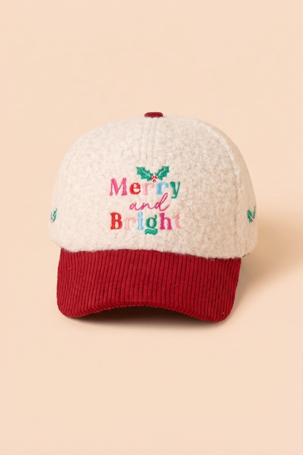 MH0387 Merry and Bright Embroidered Sherpa & Corduroy Cap - MiMi Wholesale