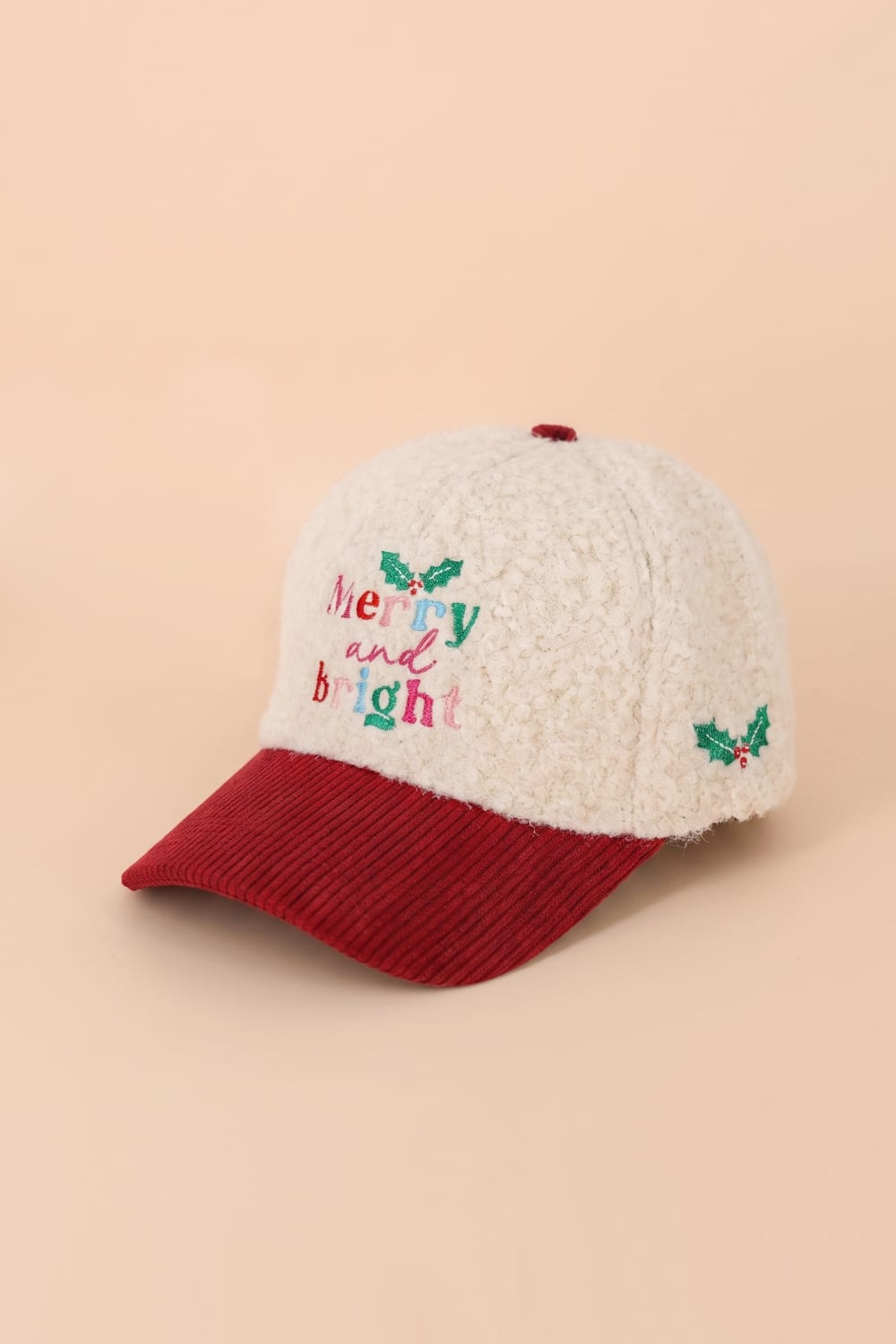 MH0387 Merry and Bright Embroidered Sherpa & Corduroy Cap - MiMi Wholesale