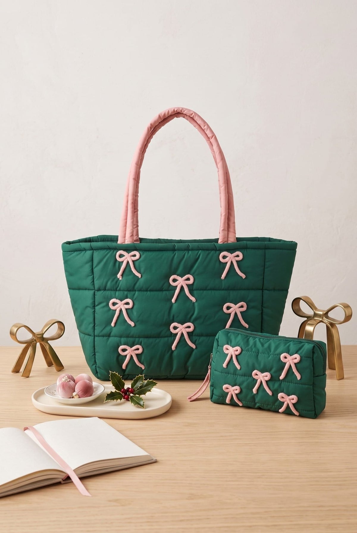 MP0375 Pink Bows Quilted Puffer Pouch - MiMi Wholesale