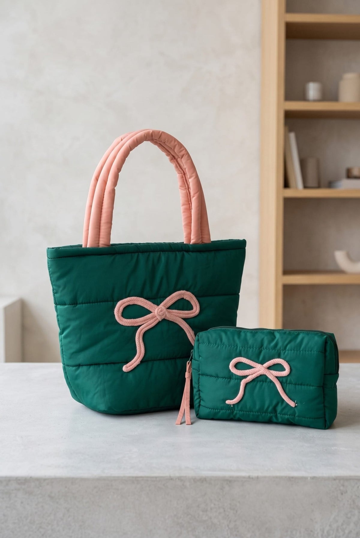 MP0380 Pink Bow Quilted Puffer Pouch - MiMi Wholesale