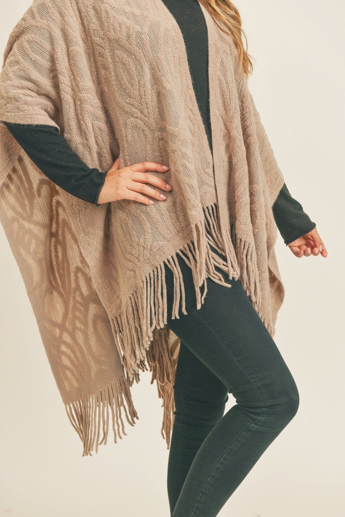 MS0270 Embossed Pattern Fringe Ruana - MiMi Wholesale