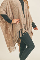 MS0270 Embossed Pattern Fringe Ruana - MiMi Wholesale
