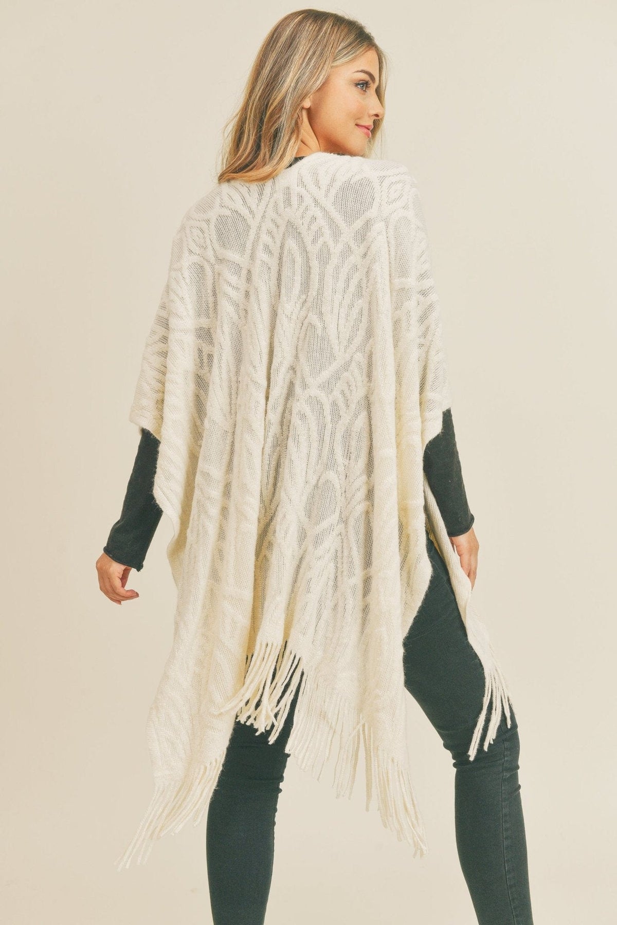 MS0270 Embossed Pattern Fringe Ruana - MiMi Wholesale