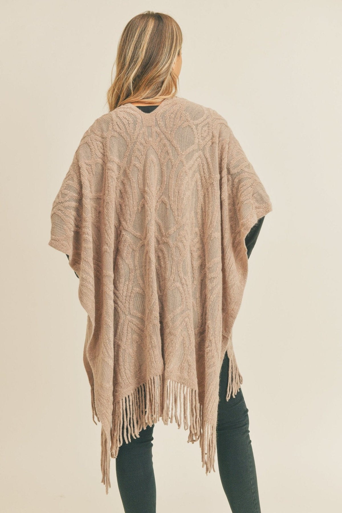 MS0270 Embossed Pattern Fringe Ruana - MiMi Wholesale