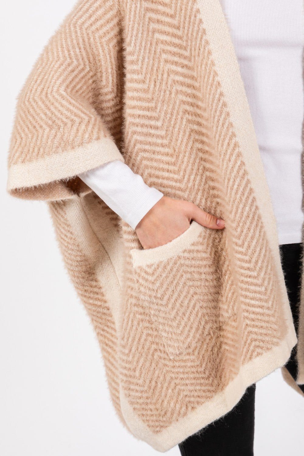 MS0397 Fuzzy Herringbone Knit Kimono With Pockets - MiMi Wholesale