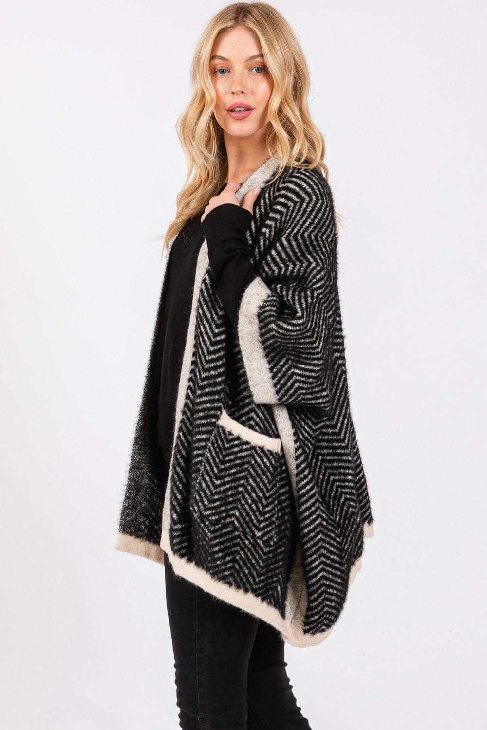 MS0397 Fuzzy Herringbone Knit Kimono With Pockets - MiMi Wholesale