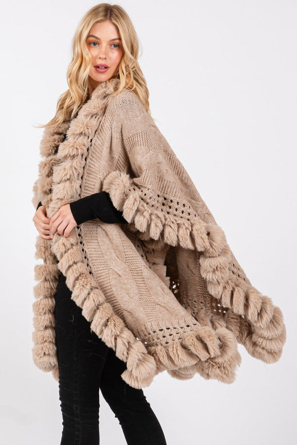 MS0408 Faux Fur Trim Cape With Closure - MiMi Wholesale