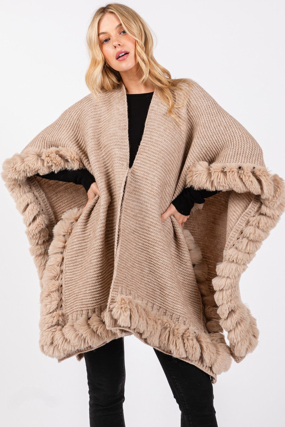 MS0409 Faux Fur Trim Cape With Closure - MiMi Wholesale