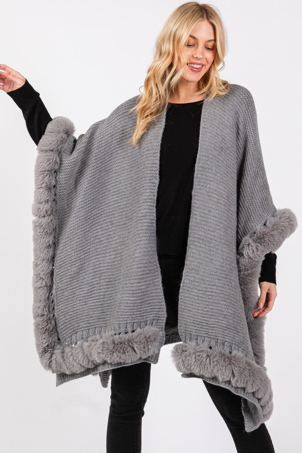 MS0409 Faux Fur Trim Cape With Closure - MiMi Wholesale