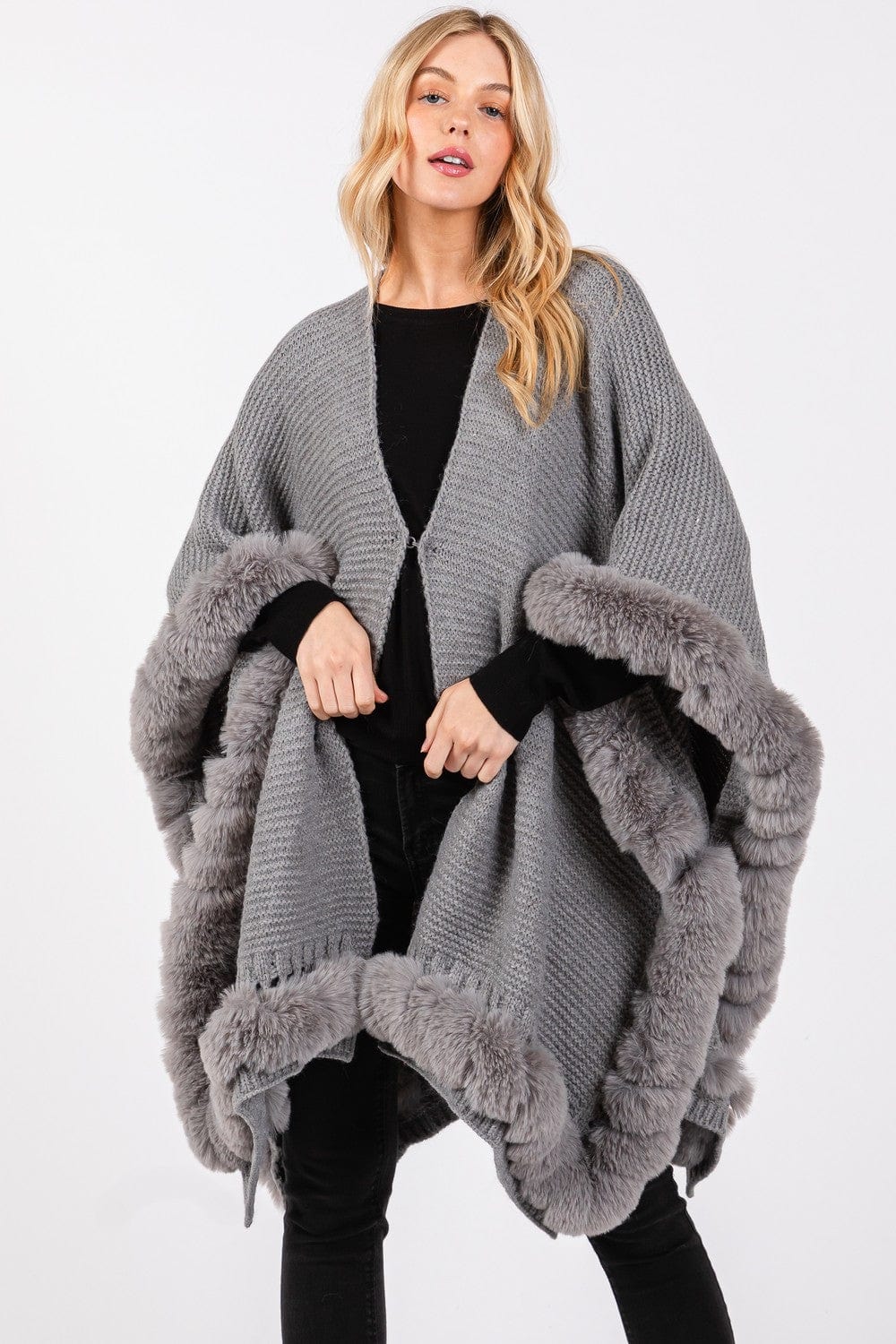 MS0409 Faux Fur Trim Cape With Closure - MiMi Wholesale