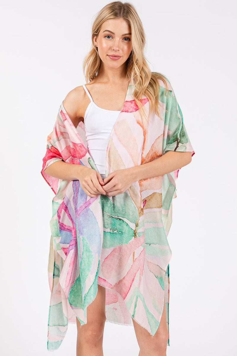 MS0417 Watercolor Leaves Print Kimono - MiMi Wholesale