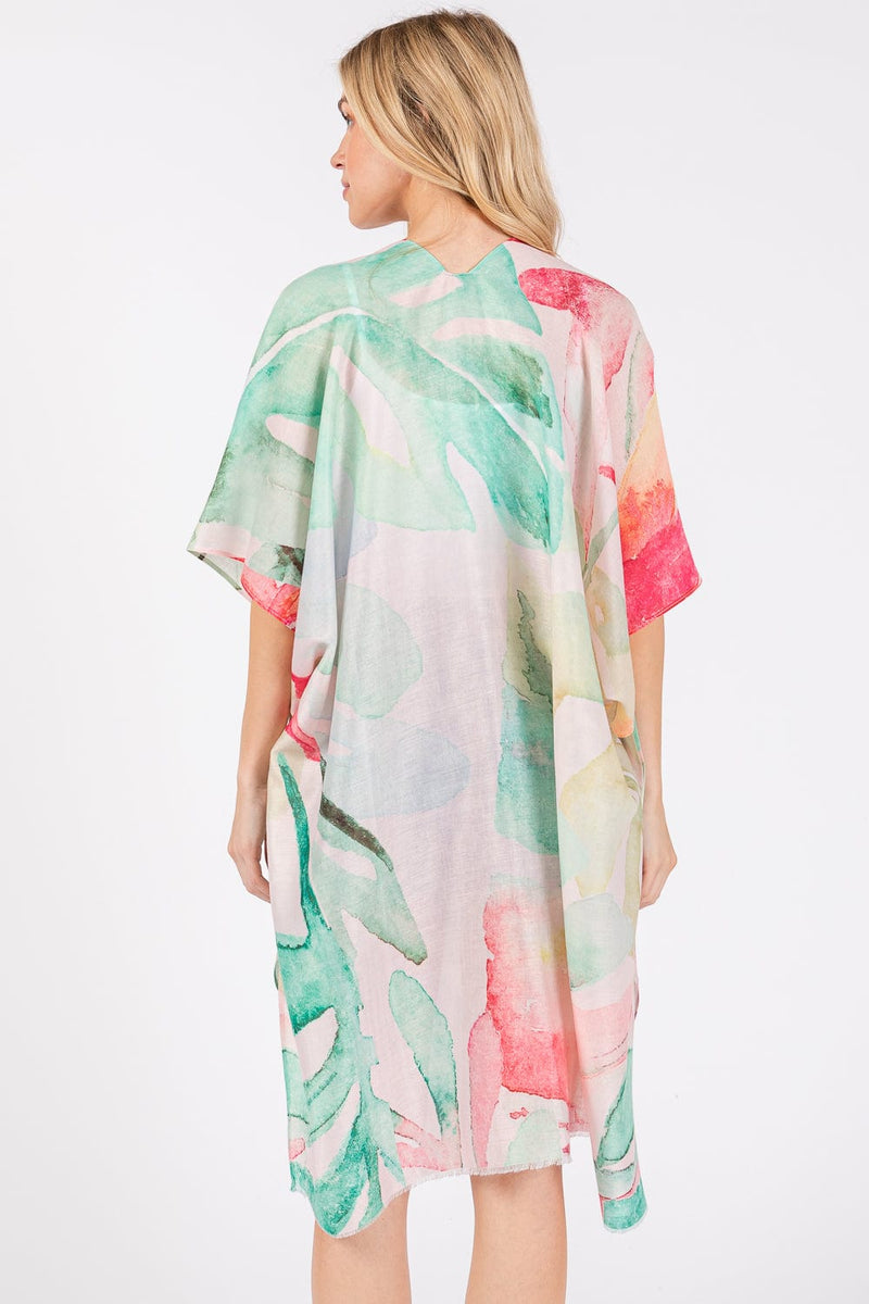 MS0417 Watercolor Leaves Print Kimono - MiMi Wholesale