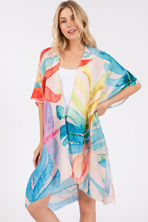 MS0417 Watercolor Leaves Print Kimono - MiMi Wholesale