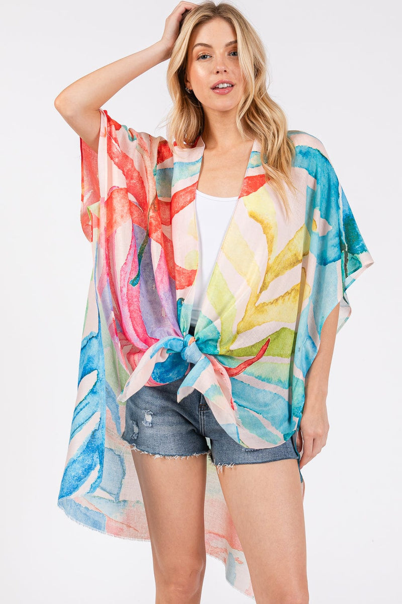 MS0417 Watercolor Leaves Print Kimono - MiMi Wholesale