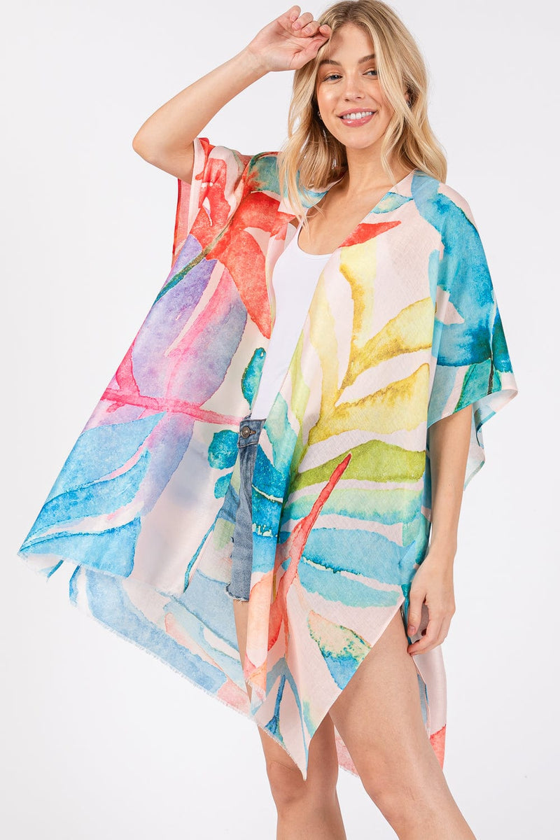 MS0417 Watercolor Leaves Print Kimono - MiMi Wholesale