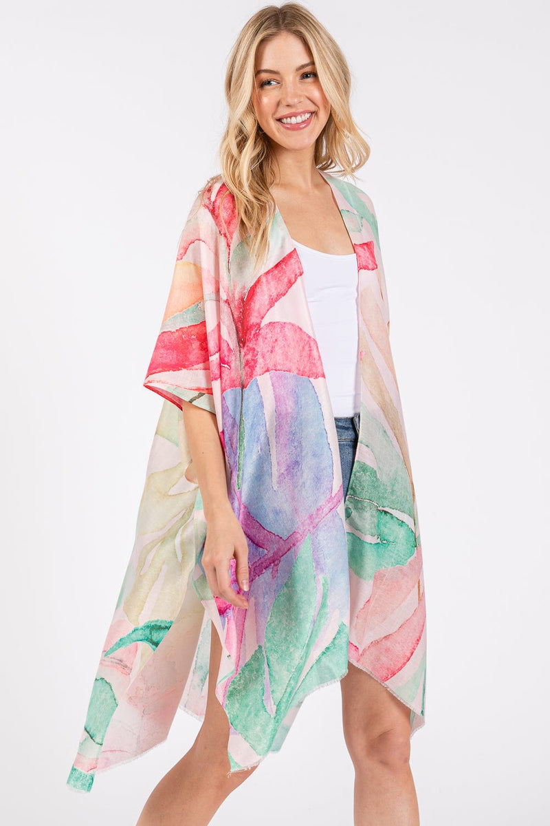 MS0417 Watercolor Leaves Print Kimono - MiMi Wholesale