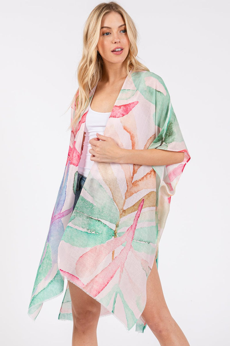 MS0417 Watercolor Leaves Print Kimono - MiMi Wholesale