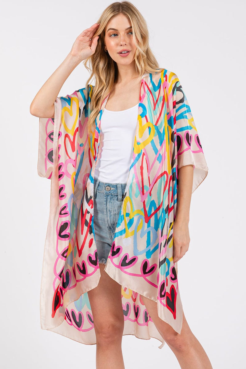 MS0420 Multi Color Heart Print Silky Kimono - MiMi Wholesale