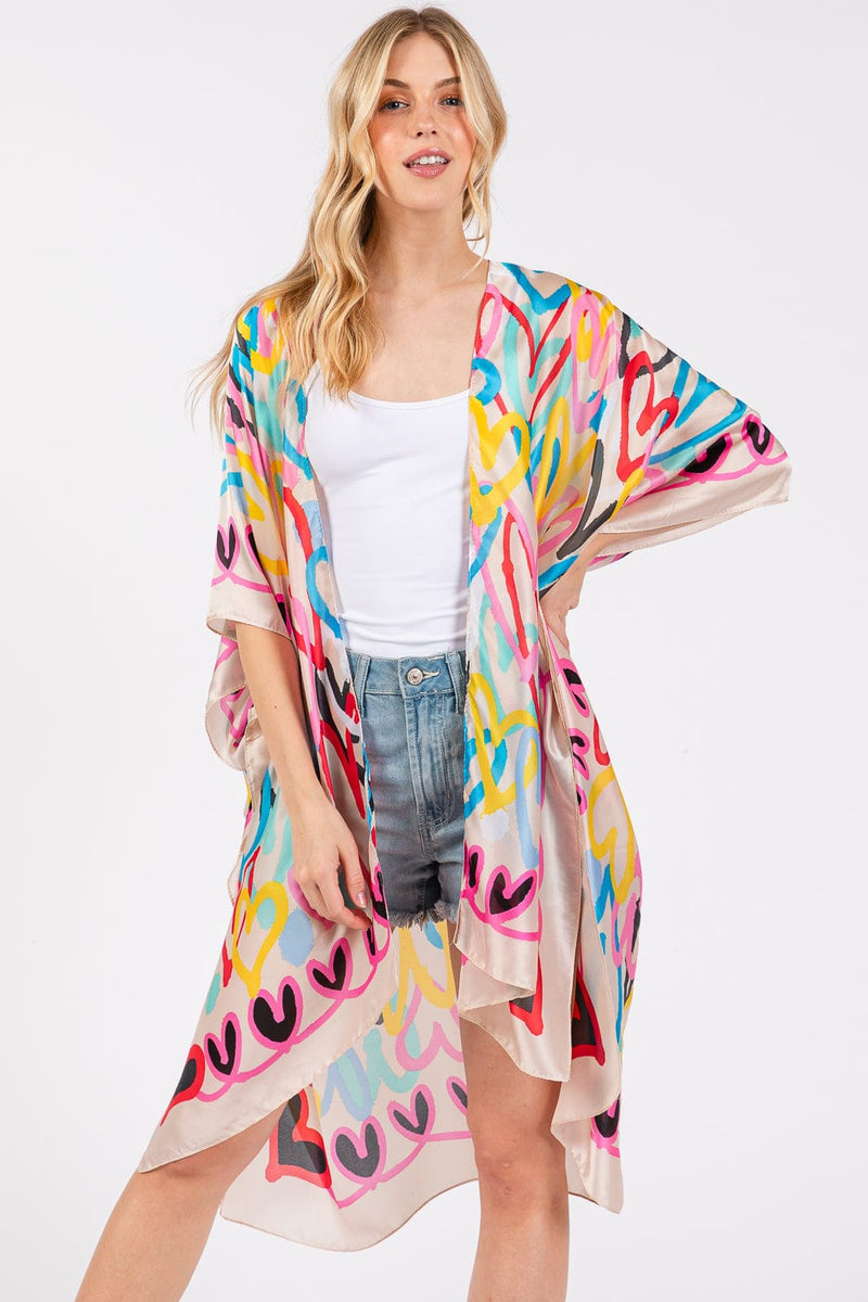 MS0420 Multi Color Heart Print Silky Kimono - MiMi Wholesale