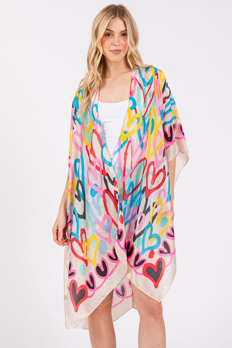 MS0420 Multi Color Heart Print Silky Kimono - MiMi Wholesale