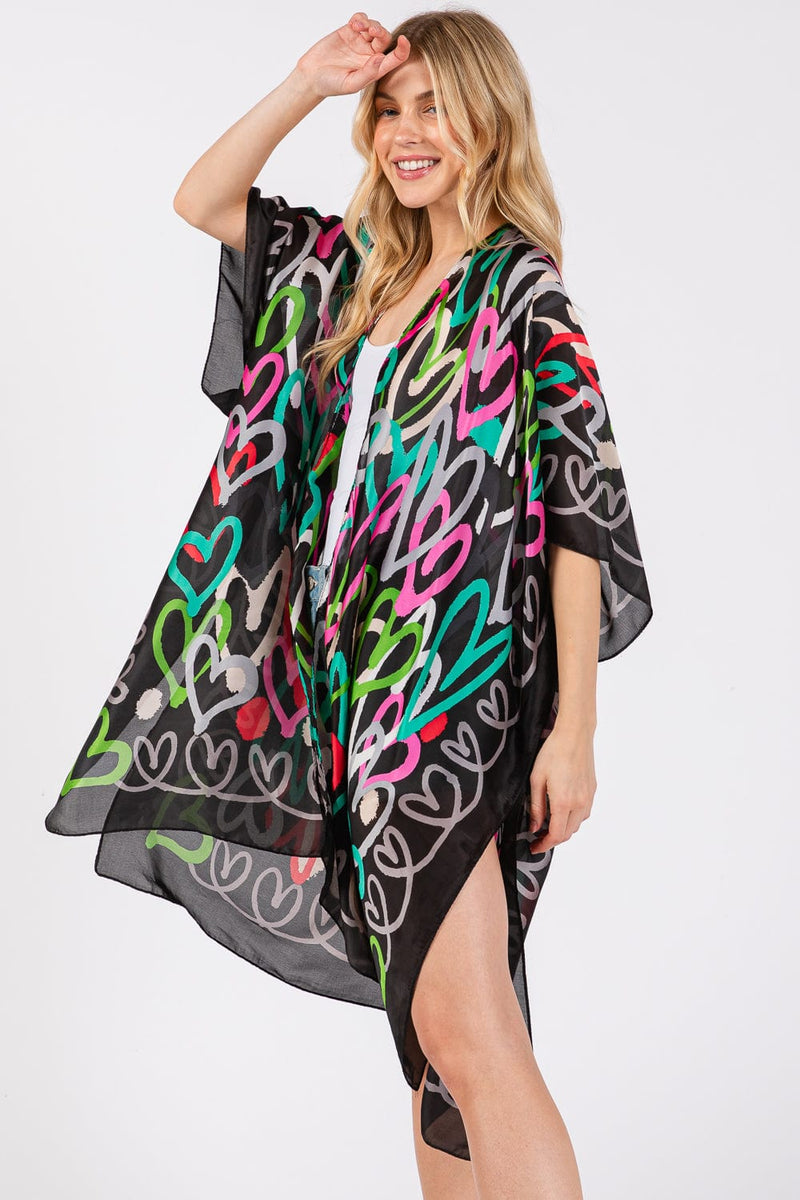 MS0420 Multi Color Heart Print Silky Kimono - MiMi Wholesale