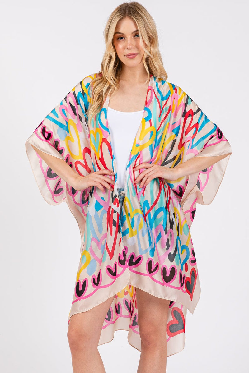 MS0420 Multi Color Heart Print Silky Kimono - MiMi Wholesale