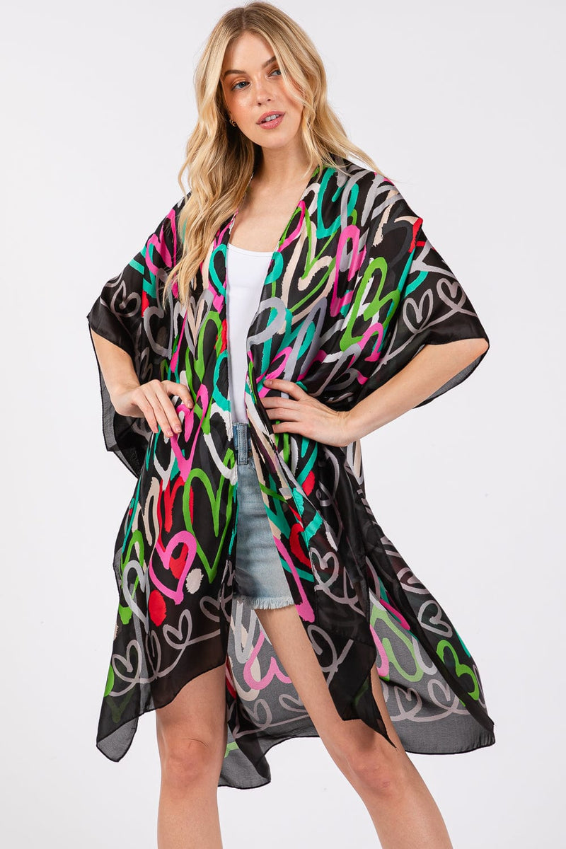 MS0420 Multi Color Heart Print Silky Kimono - MiMi Wholesale