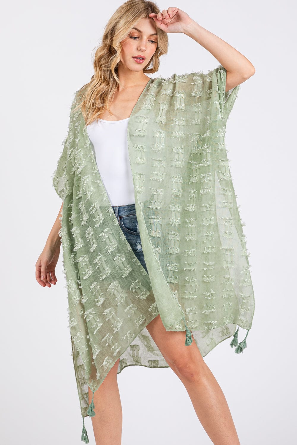 MS0427 Distressed Pattern Tassel Kimono - MiMi Wholesale