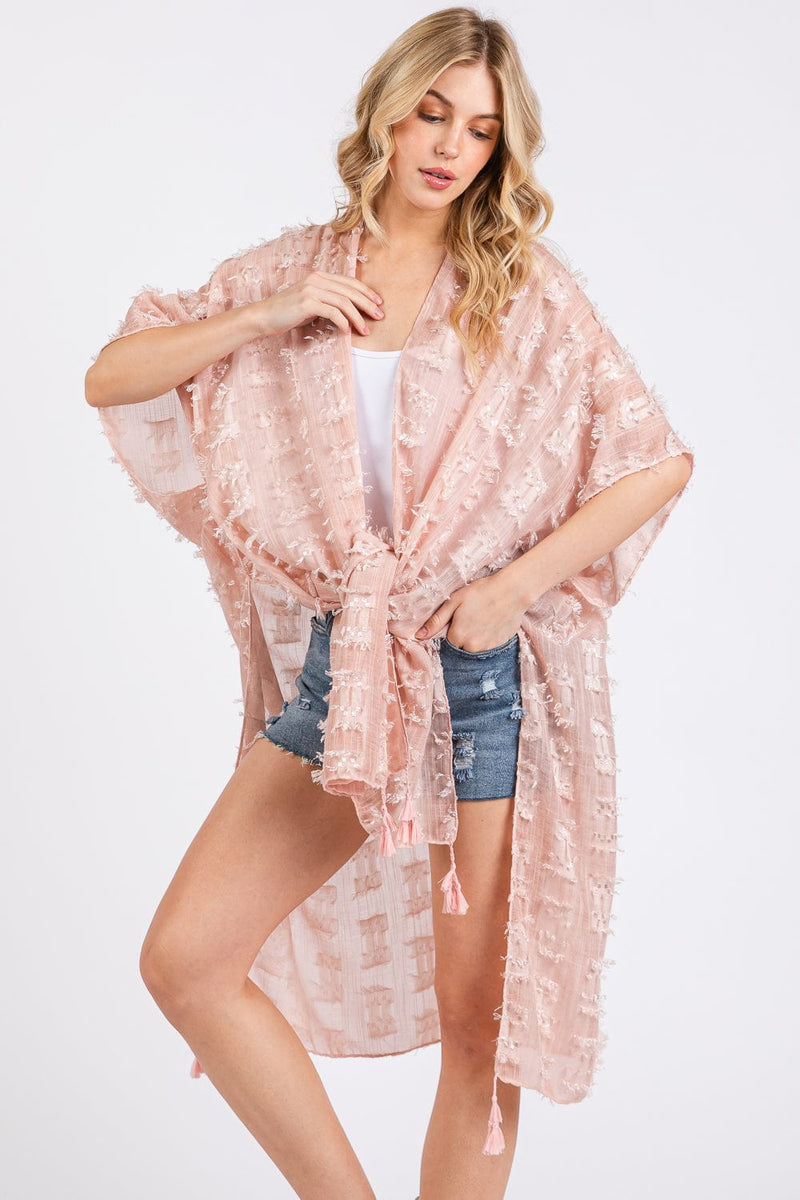 MS0427 Distressed Pattern Tassel Kimono - MiMi Wholesale