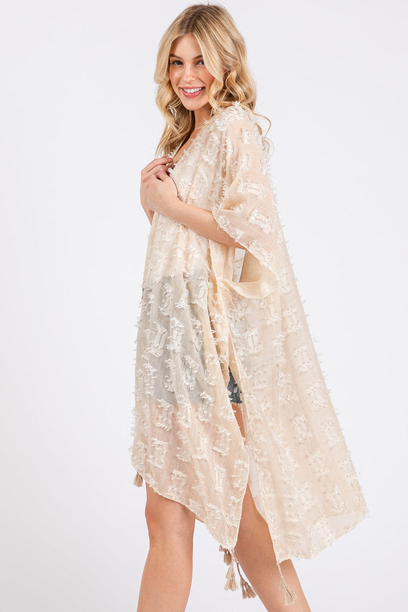 MS0427 Distressed Pattern Tassel Kimono - MiMi Wholesale