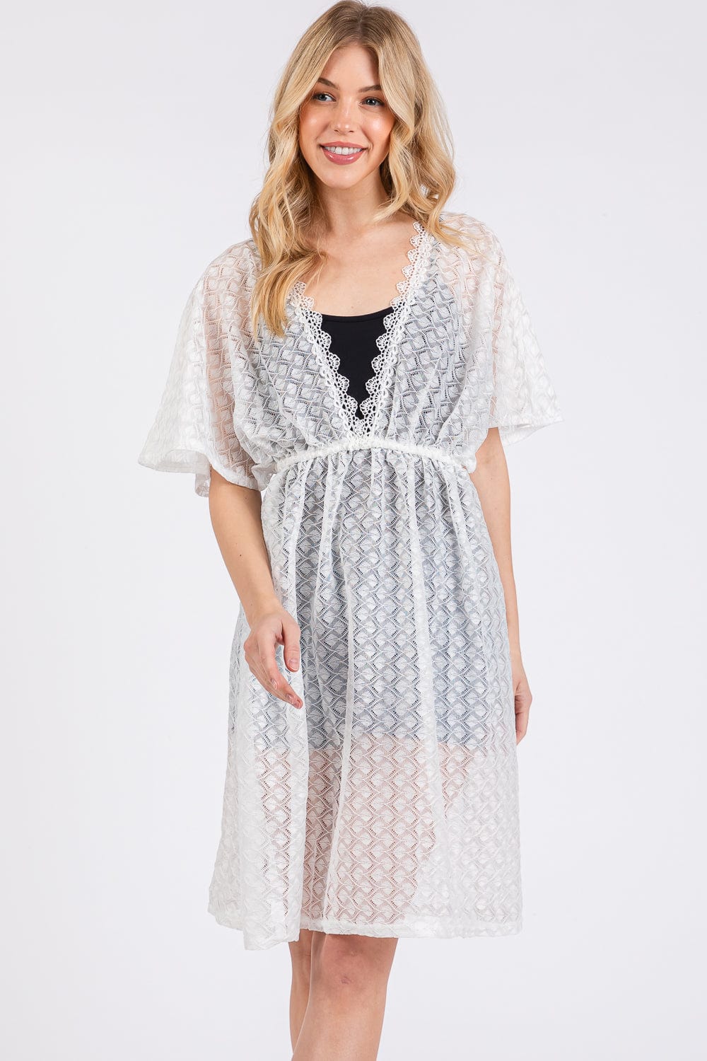 MS0434 V - Neck Detailed Crochet Lace Cover Up - MiMi Wholesale